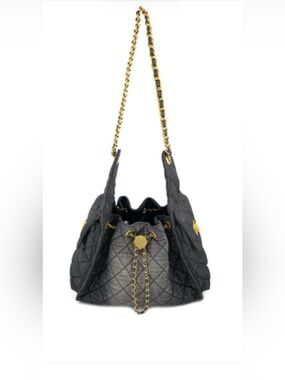BC AMELIA Quilted Black Drawstring Shoulder Bag with Gold Chain